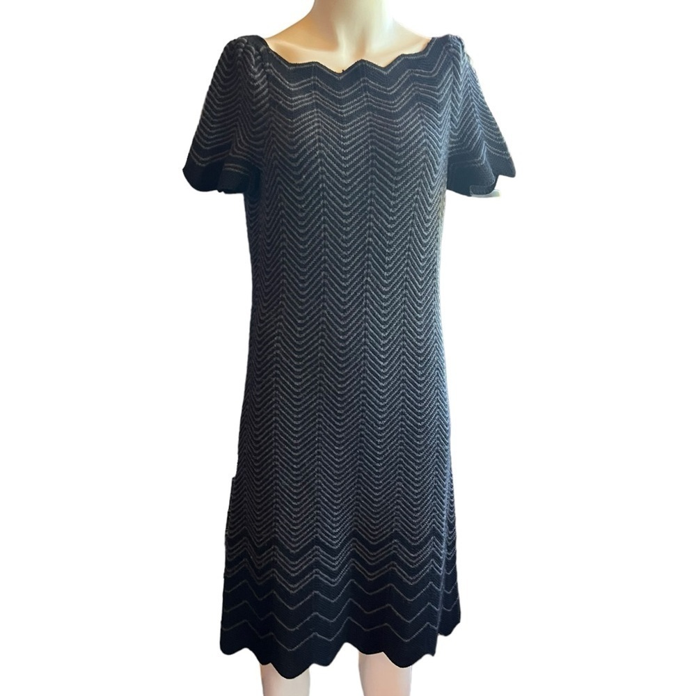 Tory Burch Kent Black Gray Chevron Wool Knit Dress Size Medium